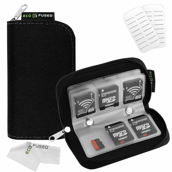 Memory Card Carrying Case - Suitable for SDHC and SD Cards - 8 Pages and 22 Slots - ECO-FUSED Microfiber Cleaning Cloth Included