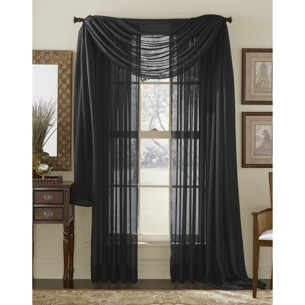 3 Piece Black Sheer Voile Curtain Panel Set: 2 Black Panels and 1 Scarf