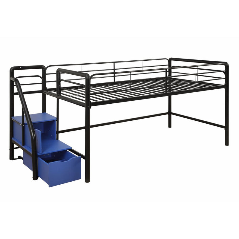 DHP Junior Twin Metal Loft Bed with Storage Steps, Space-Saving Solution, Multifunctional, Black with Blue Steps