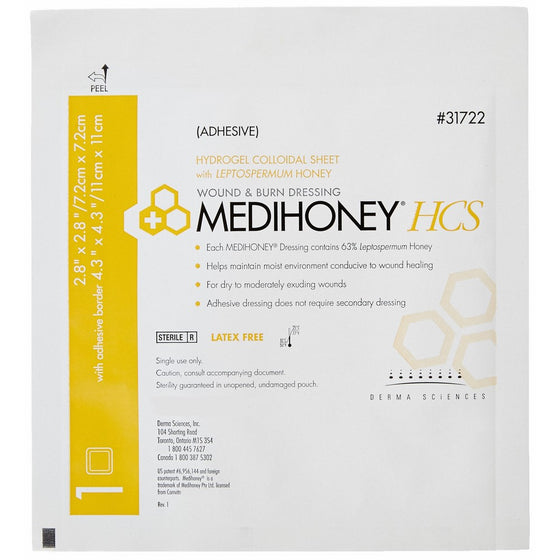 Derma Sciences 31722 Medihoney Dressing Hydrogel Colloidal Sheet, Adhesive, 2.8" Width x 2.8" Length (Pack of 10)