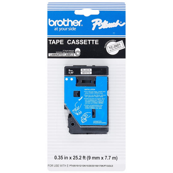 Brother Printer P-Touch TC20Z1 TC Tape Cartridge for P-Touch Labelers, 3/8w, Black on White (BRTTC20Z1)