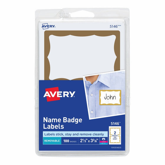 Avery Personalized Name Tags, Print or Write, Gold Border, 2-11/32" x 3-3/8", 100 Adhesive Tags (5146)