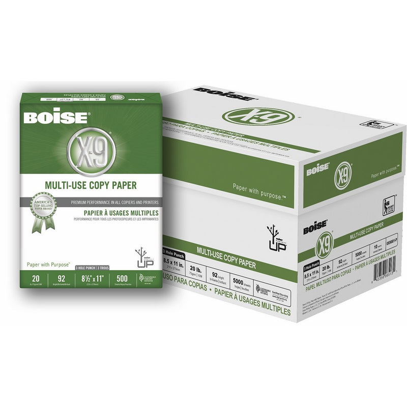 BOISE X-9 Multi-Use 3-Hole Copy Paper, 8.5 x 11, 92 Bright White, 20 lb, 10 ream carton (5,000 Sheets)