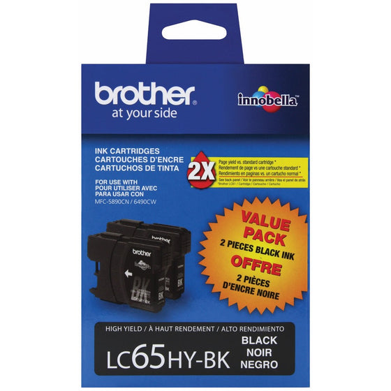 Brother LC65HYBK2 High-Yield 2-Pack Ink Cartridge, 900 Page-Yield, Black