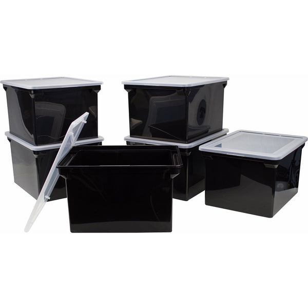 Storex Plastic File Tote Storage Box with Snap-On Lid, Letter/Legal Size, Black/Silver (61528U01C)