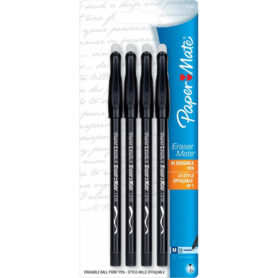 Paper Mate Erasermate Stick Medium Tip Ballpoint Pens, 4 Black Ink Pens (3164458PP)