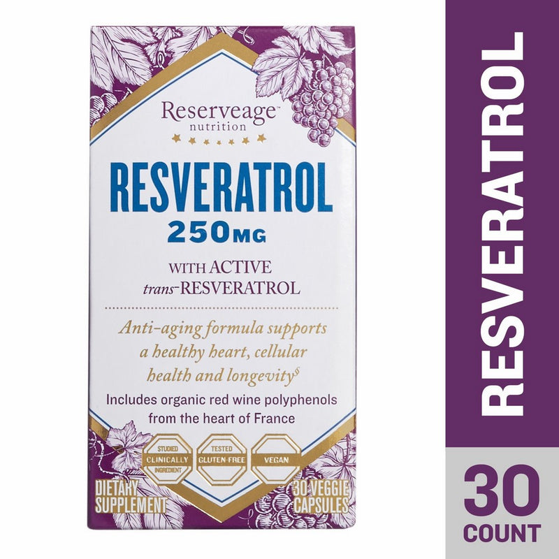 Reserveage - Resveratrol 250mg, Antioxidant Support for a Healthy Heart and Age Defying, Youthful Looking Skin with Organic Red Grapes and Quercetin, Gluten Free, Vegan, 30 Capsules