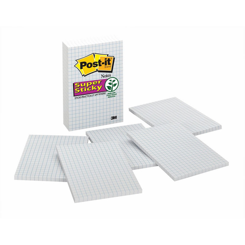 Post-it Super Sticky Notes, 4 in x 6 in, White with Blue Grid, 6 Pads/Pack (660-SSGRID)