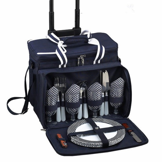 Picnic at Ascot Equipped Picnic Cooler with Service for 4 on Wheels - Navy