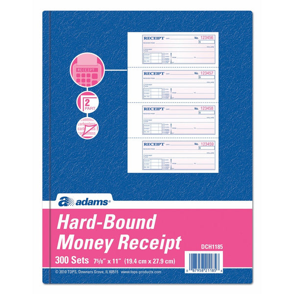 Adams Hardbound Receipt Book, 7.63 x 11 Inches, 2-Part, Carbonless, White/Canary, 4 Form Sets per Page, 300 Sets per Book (DCH1185)