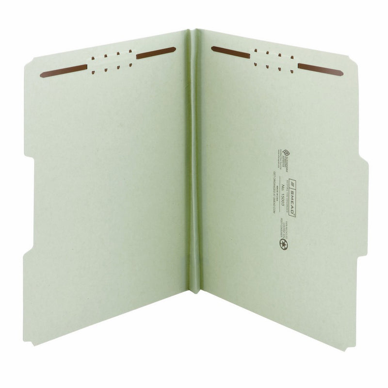 Smead 100% Recycled Pressboard Fastener File Folder, 2 Fasteners, 1/3-Cut Tab, 1" Expansion, Letter Size, Gray/Green, 25 per Box (15003)