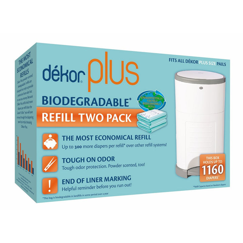 Dekor Plus Diaper Pail Biodegradable Refills | Most Economical Refill System | Quick and Simple to Replace | No Preset Bag Size – Use Only What You Need | Exclusive End-of-Liner Marking | 2 Count