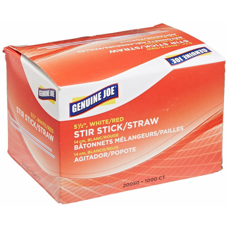 Genuine Joe GJO20050 Plastic Stir Stick, 5-1/2" Length, White/Red (Box of 1000)