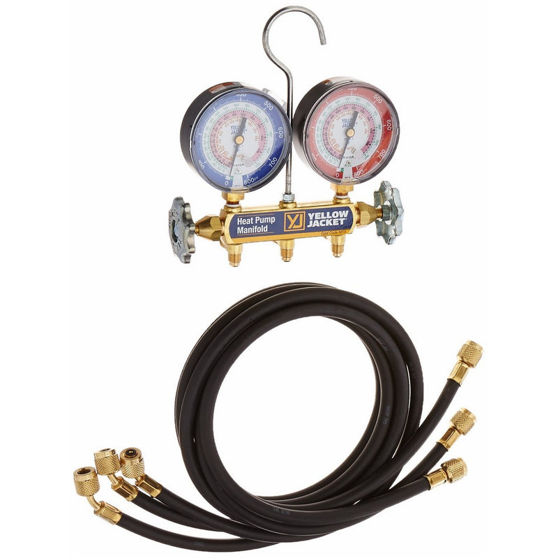 Yellow Jacket 42044 Heat Pump Manifold with 60" Black Plus II 1/4" Hoses, R-22/407C/410A