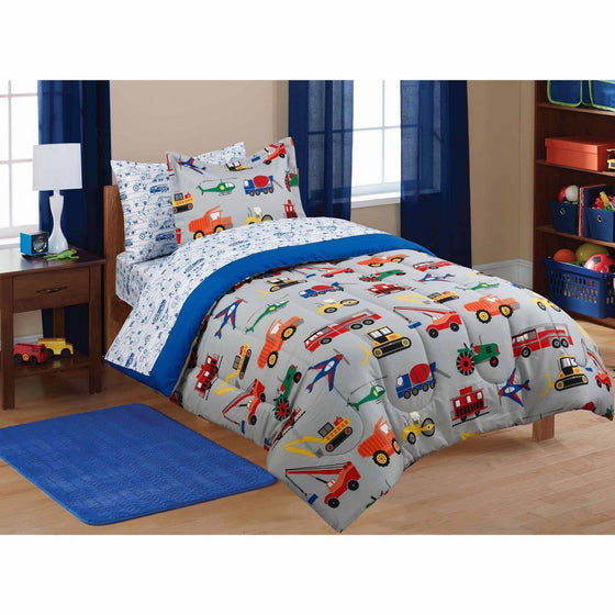 MS 5pc Boy Blue Green Red Car Truck Transportation Twin Comforter Set (5pc Bed in a Bag)