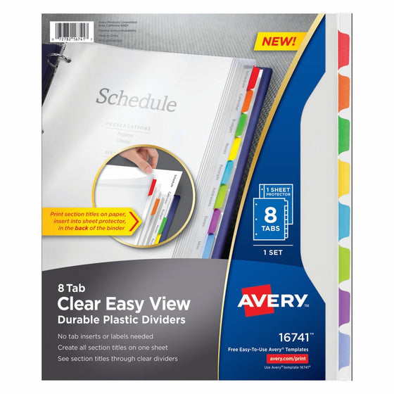 Avery Clear Easy View Durable Plastic Dividers, 8 Tabs (16741)