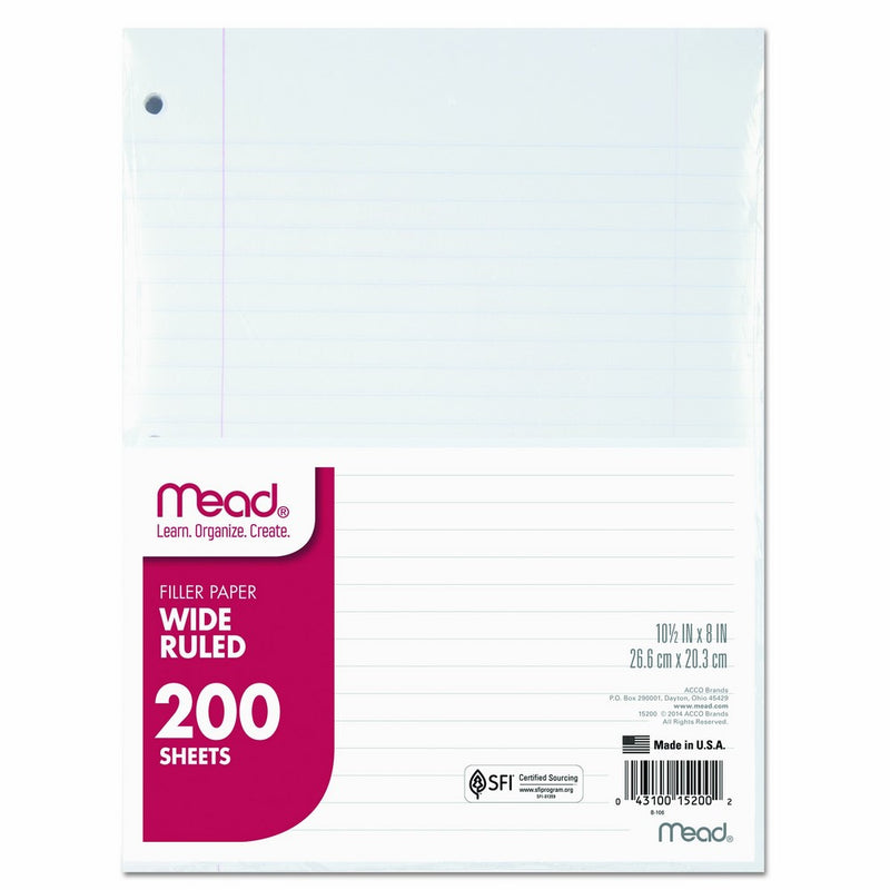 Mead 15200 Filler Paper, 15lb, Wide Rule, 3 Hole, 10 1/2 x 8 (Pack of 200 Sheets)