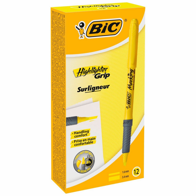 BIC Brite Liner Grip Highlighter, Chisel Tip, Yellow, 12-Count