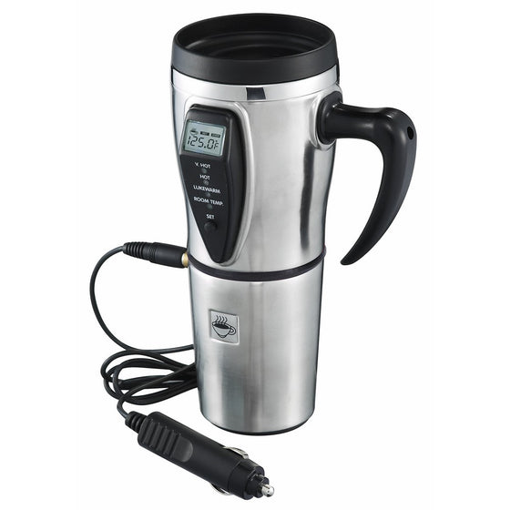 Tech Tools Heated Smart Travel Mug with Temperature Control 16 Ounce, 12V Adapter - Stainless Steel