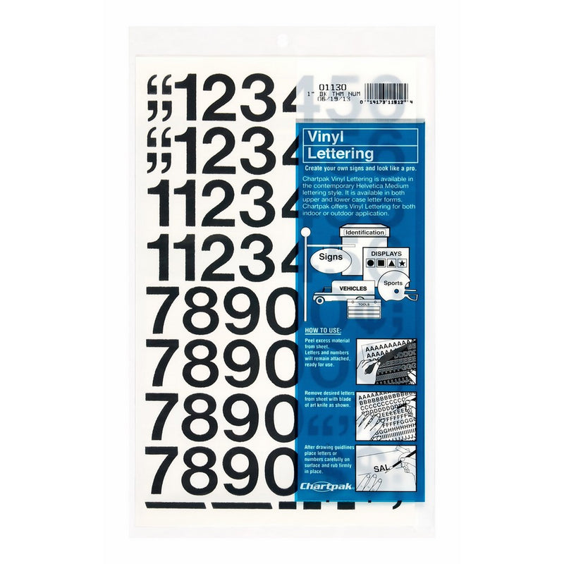 Chartpak Self-Adhesive Vinyl Numbers, 1 Inches High, Black, 44 per Pack (01130)