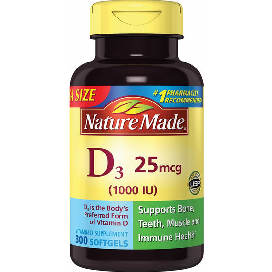 Nature Made Vitamin D3 1000 IU Softgels 300 Ct Mega Size (Packaging may vary)