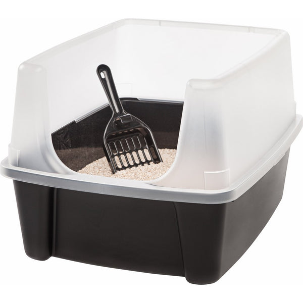 IRIS Open Top Cat Litter Box Kit with Shield and Scoop, Black