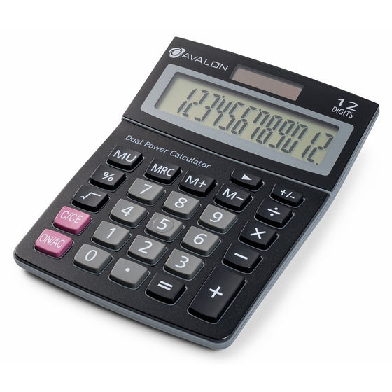 Avalon 12 Digit Dual Powered Desktop Calculator, Tilted LCD Display, Black