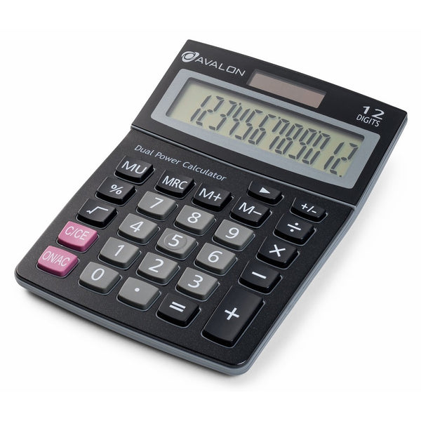 Avalon 12 Digit Dual Powered Desktop Calculator, Tilted LCD Display, Black