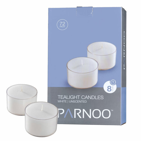 White Tealight Candles with Clear Cup - Set of 72 Unscented Tea Lights - 8 Hour Burn Time