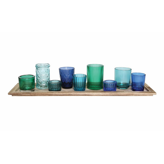 Creative Co-op Wood Tray with Glass Tea Light Candle Holders Set