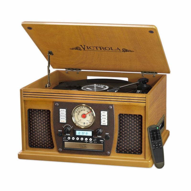 Victrola Nostalgic Aviator Wood 8-in-1 Bluetooth Turntable Entertainment Center, Oak