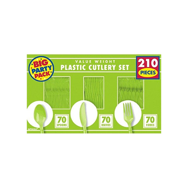 Amscan Reusable Big Party Pack Window Box Cutlery Set, Kiwi, Plastic, 6" x 11", Pack of 210