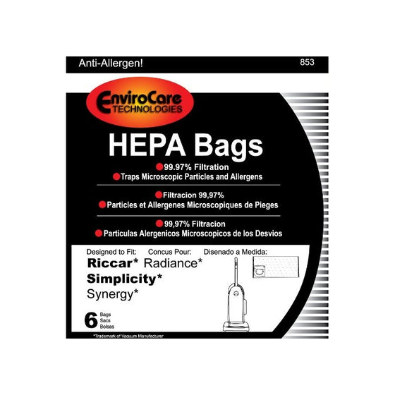 Riccar Radiance HEPA Vacuum Cleaner Bags, 6 Bags per Package