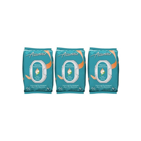 Assurance Premium Extra Large Pre-moistened Disposable Washcloths Easy Press-open Lid 96ct (3 Packs 288ct Total)