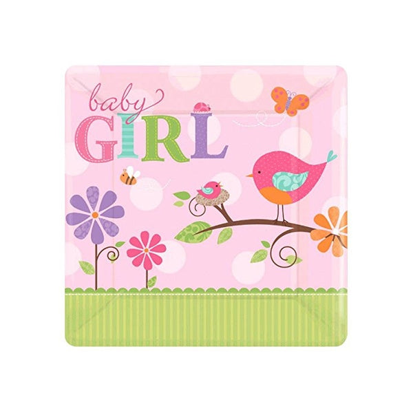 Amscan Tweet Girl Baby Shower Party 10" Square Plates Party Supplies (8 Piece), Bright Pink/Light Pink/Green