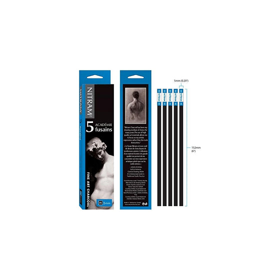 Nitram Academie Charcoal H Hard 5 Sticks,Black,5 mm