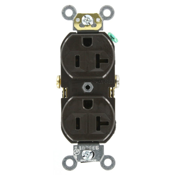 Leviton BR20 20 Amp, 125 Volt, Narrow Body Duplex Receptacle, Straight Blade, Commercial Grade, Self Grounding, Brown