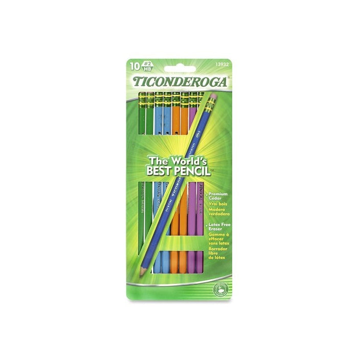 Dixon Ticonderoga Wood-Cased #2 Pencils, Black Lead, Box of 10, Assorted Color Barrels (13932)