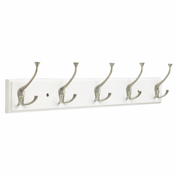 Franklin Brass FBLDFT5-WSE-R, 27" Hook Rail / Rack, with 5 Coat and Hat Flared Tri-Hooks, in White & Satin Nickel