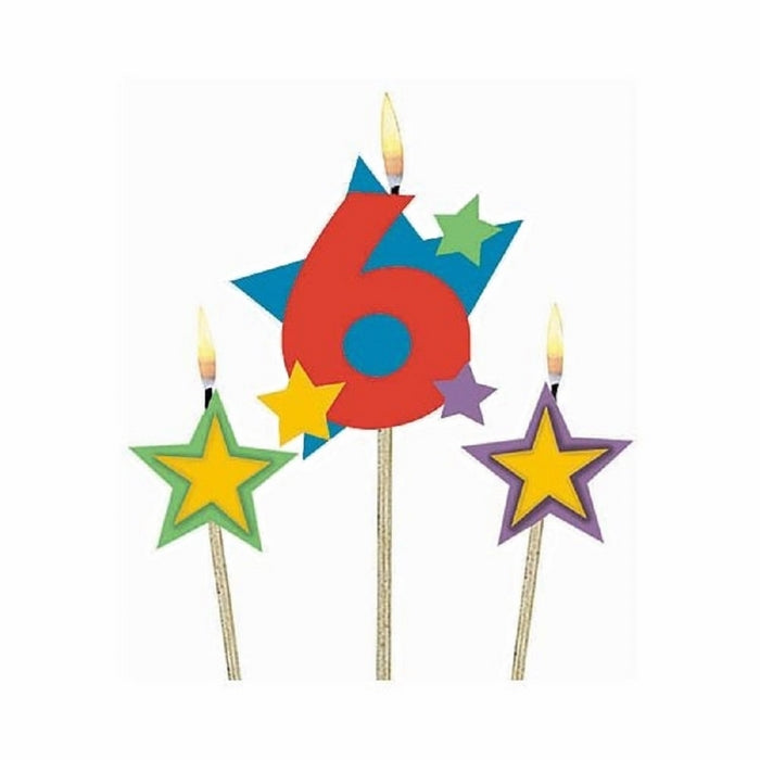 Party Time Stars and Number 6 Celebration Candle on a Stick, Pack of 3, Multi , 7" Wax