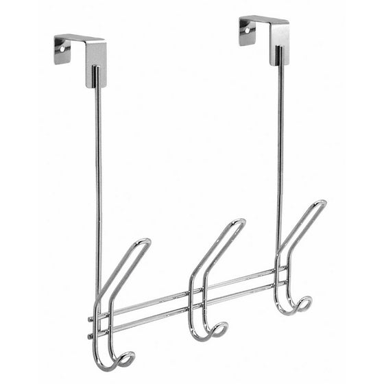 InterDesign Classico Over Door Storage Rack - Organizer Hooks for Coats, Hats, Robes, Clothes or Towels - 3 Dual Hooks, Chrome