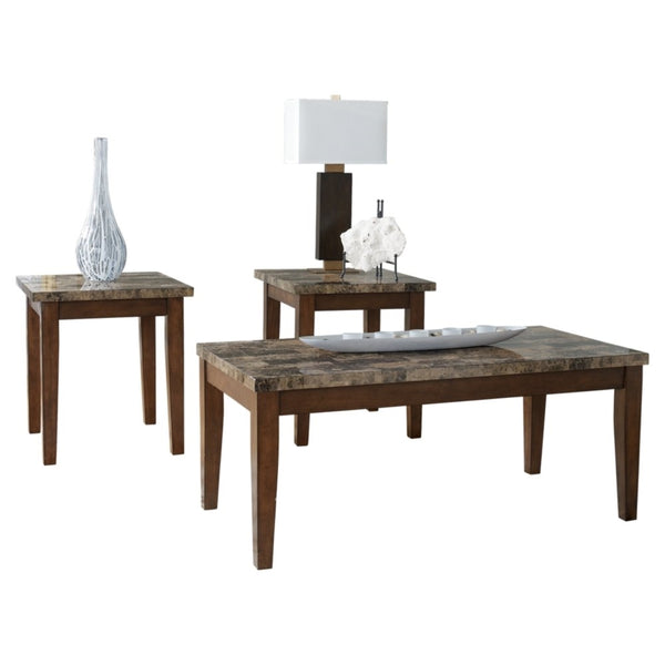 Ashley Furniture Signature Design - Theo Faux Marble Top Occasional Table Set - Contains Cocktail Table & 2 End Tables - Contemporary - Warm Brown