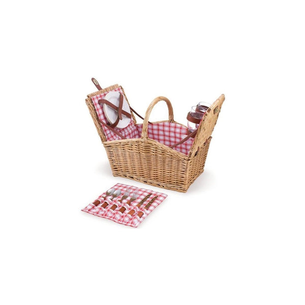 Picnic Time Piccadilly Willow Picnic Basket for Two People, with Plates, Wine Glasses, Cutlery, and Corkscrew - Red/White Plaid