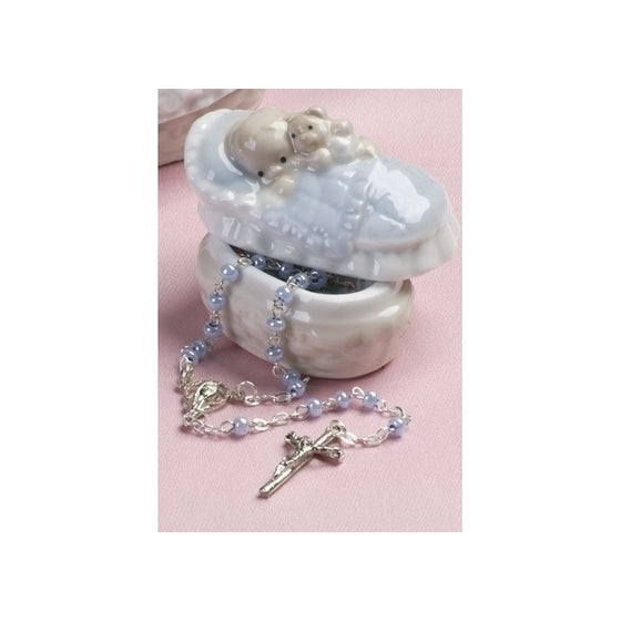 Rosary in Porcelain Keepsake Box for Baby Boy Blue by Roman 31008