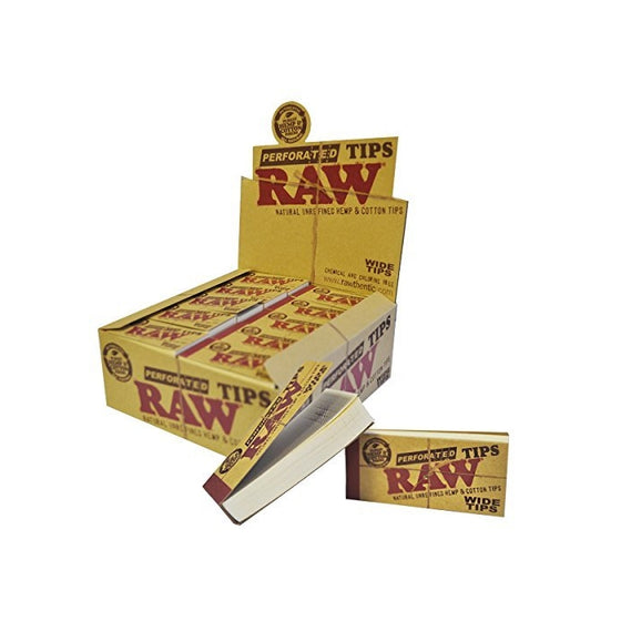 Raw Rolling Papers Perforated Wide Cotton Filter Tips Full Box Of 50 Packs