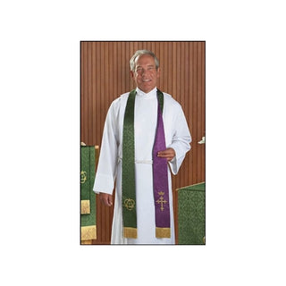 Purple and Green Embroidered Holy Trinity Cross with Crown Reversible Clergy Jacquard Stole