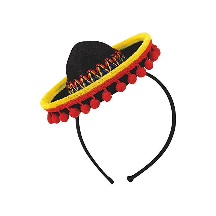 Cinco De Mayo Fiesta Party Black Spanish Hat With Red Ball Fringe Headband Accessories, Plastic, 8" x 6"