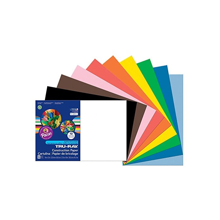 Pacon Tru-Ray Construction Paper, 12-Inches by 18-Inches, 50-Count, Assorted (103063)