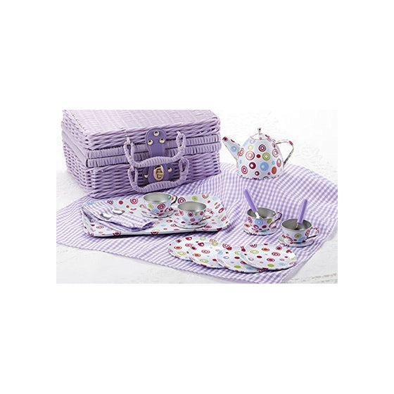 Tin 20pc Tea Set in Basket, Polka