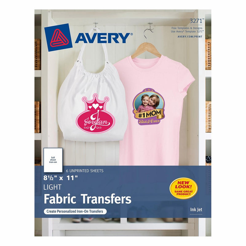 Avery T-Shirt Transfers for Inkjet Printers, For Light Fabric, 8.5" x 11", 6 Transfers (3271)